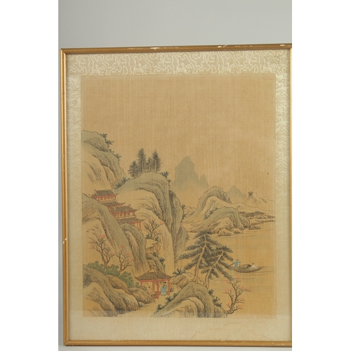 33 - AN ORIGINAL CHINESE LANDSCAPE PAINTING ON SILK, framed and glazed, image 27.5cm x 30cm.