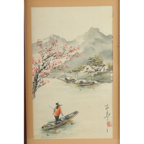 34 - AN ORIGINAL CHINESE PAINTING ON PAPER, depicting a landscape scene with a figure on a boat, inscribe... 