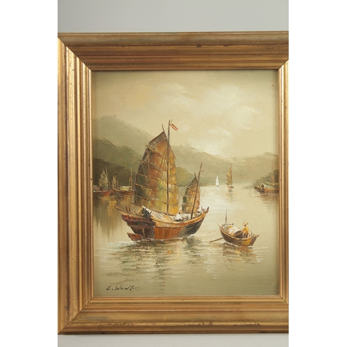 35 - AN ORIGINAL CHINESE OIL PAINTING ON CANVASS BY L. WONG, depicting a junk on the water, inset within ... 