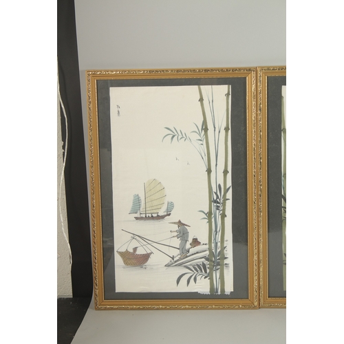 36 - FOUR DECORATIVE CHINESE PICTURES ON SILK, uniformly framed and glazed, (4).