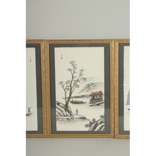 36 - FOUR DECORATIVE CHINESE PICTURES ON SILK, uniformly framed and glazed, (4).