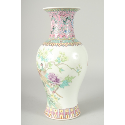 41 - A CHINESE REPUBLIC PERIOD FAMILLE ROSE PORCELAIN BALUSTER VASE, painted with peacocks and flora, the... 