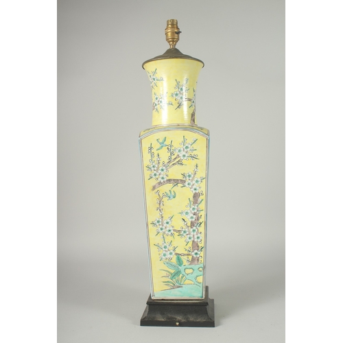 43 - A LARGE CHINESE FAMILLE JAUNE PORCELAIN SQUARE-FORM VASE, converted to a lamp, painted with blossomi... 