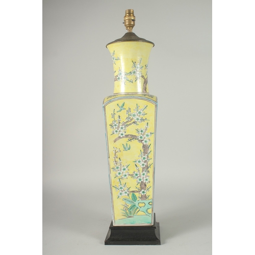 43 - A LARGE CHINESE FAMILLE JAUNE PORCELAIN SQUARE-FORM VASE, converted to a lamp, painted with blossomi... 