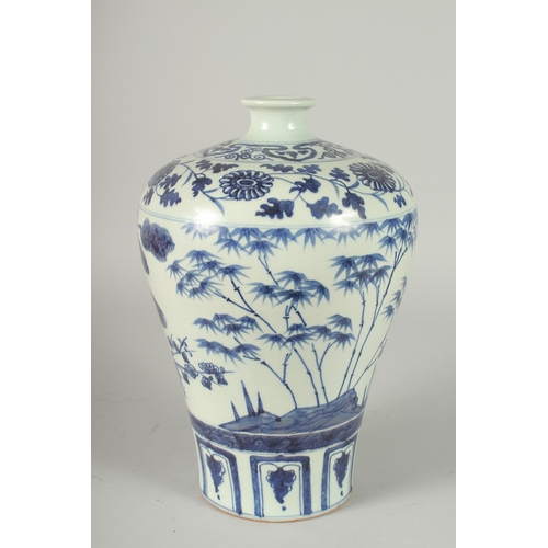 49 - A CHINESE BLUE AND WHITE PORCELAIN MEIPING VASE, painted with a continuous band of various trees, th... 