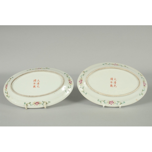 50 - A PAIR OF CHINESE FAMILLE ROSE PORCELAIN OVAL DISHES, painted with birds and flora, each with red si... 