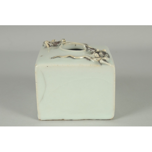 54 - A LARGE CHINESE PORCELAIN SQUARE-FORM WATER POT, with two moulded chilong to shoulder, 11.5cm square... 