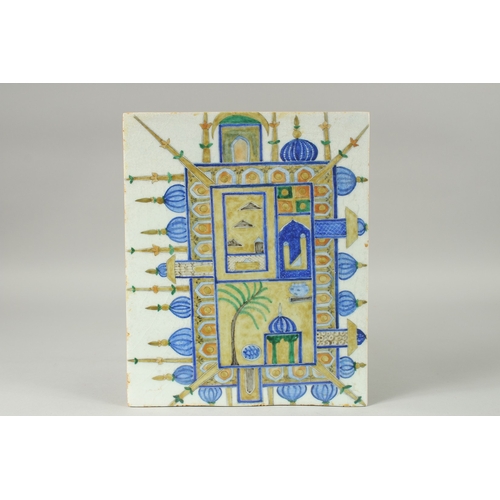 586 - AN OTTOMAN TURKISH ISLAMIC RELIGIOUS TILE, 33cm x 27cm.