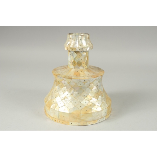 589 - A RARE OTTOMAN MOTHER OF PEARL CANDLESTICK, 22cm high.