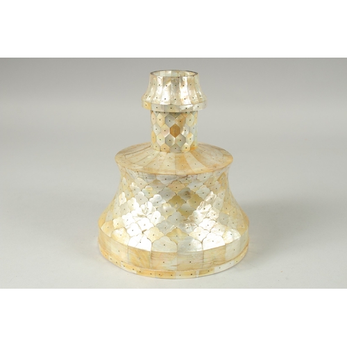 589 - A RARE OTTOMAN MOTHER OF PEARL CANDLESTICK, 22cm high.