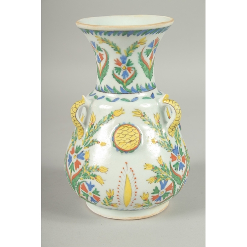 595 - AN OTTOMAN TURKISH KUTAHYA GLAZED POTTERY MOSQUE LAMP, 20.5cm high.