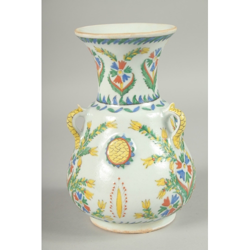 595 - AN OTTOMAN TURKISH KUTAHYA GLAZED POTTERY MOSQUE LAMP, 20.5cm high.