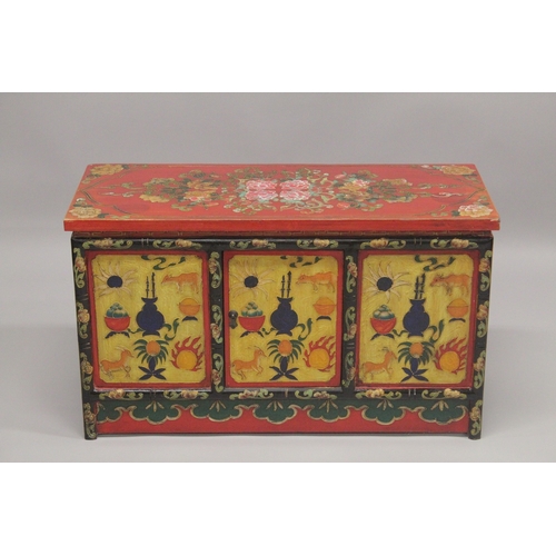 612 - A 20TH CENTURY CHINESE PAINTED LOW CUPBOARD, the rectangular top painted with flowers, similarly dec... 