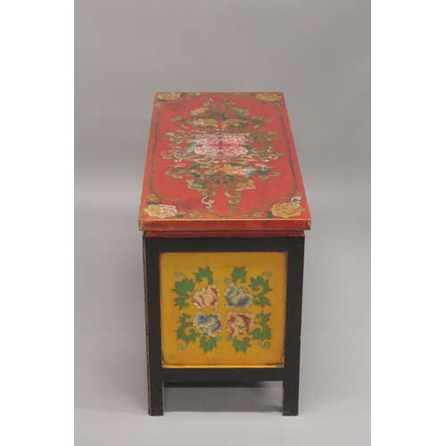 612 - A 20TH CENTURY CHINESE PAINTED LOW CUPBOARD, the rectangular top painted with flowers, similarly dec... 