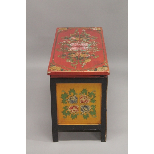 612 - A 20TH CENTURY CHINESE PAINTED LOW CUPBOARD, the rectangular top painted with flowers, similarly dec... 