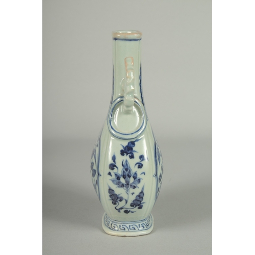 66 - A CHINESE BLUE AND WHITE PORCELAIN TWIN HANDLE VASE, painted with panels of ducks and lotus, 20.5cm ... 