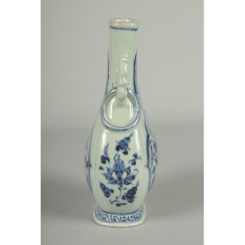 66 - A CHINESE BLUE AND WHITE PORCELAIN TWIN HANDLE VASE, painted with panels of ducks and lotus, 20.5cm ... 