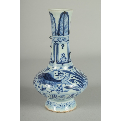 68 - A CHINESE BLUE AND WHITE PORCELAIN VASE, with moulded chilong to neck, painted with fish, 18.5cm hig... 