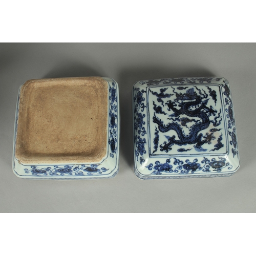 72 - A CHINESE BLUE AND WHITE PORCELAIN SQUARE-FORM BOX AND COVER, decorated with a dragon and floral mot... 