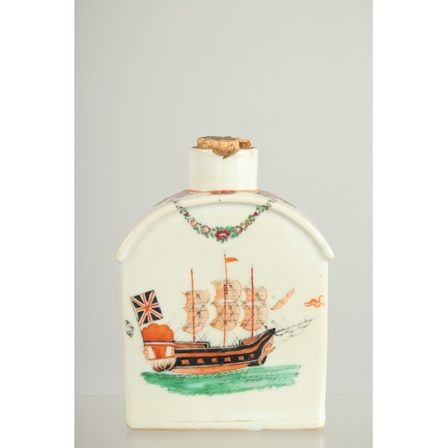 94 - A CHINESE EXPORT PORCELAIN TEA CADDY, painted with European subject; British ship to each side, 11.5... 