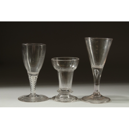 1041 - THREE VARIOUS SMALL GEORGIAN GLASSES. 3.25ins, 4.25ins & 4.5ins high.