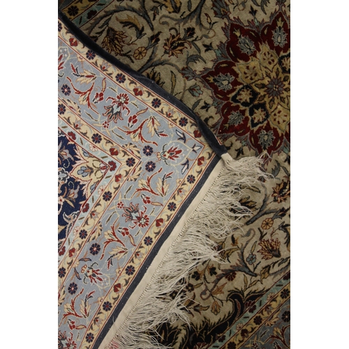 1005 - A GOOD SMALL PERSIAN SILK RUG beige ground with all over stylised decoration. 5ft x 3ft.