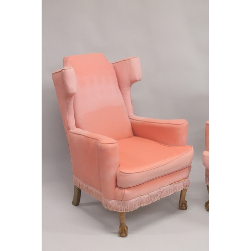 1022 - A PAIR OF PINK WING ARM CHAIRS on cabriole legs.