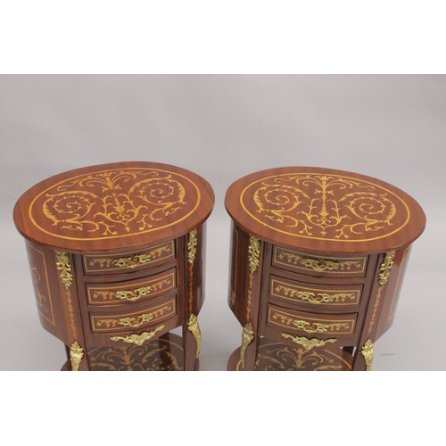 1025 - A GOOD PAIR OF LOUIS XVITH STYLE INLAID THREE DRAWER OVAL BEDSIDE CABINETS. 2ft 3ins high, 1ft 6ins ... 