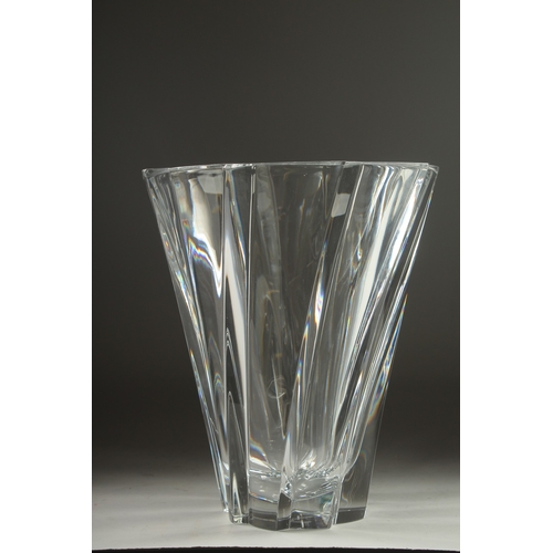 1053 - A LARGE BACCARAT PLAIN TAPERING VASE. 10ins long, 8ins wide at the rim tapering to 3.5ins, Signed in... 