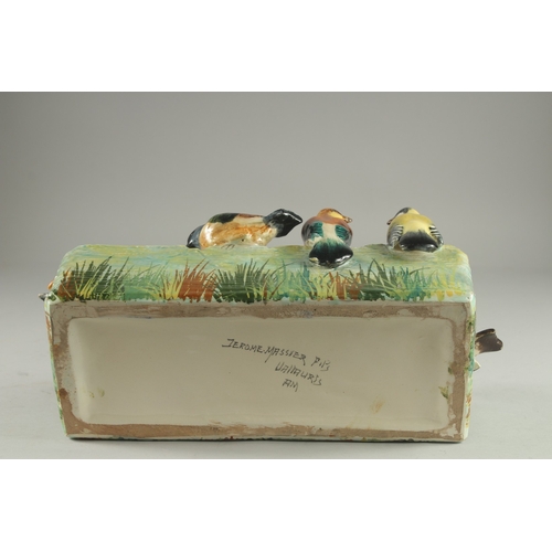 1096 - JEROME MASSIER A GOOD PORCELAIN RECTANGULAR JARDINIERE the sides with eight coloured birds. Signed o... 