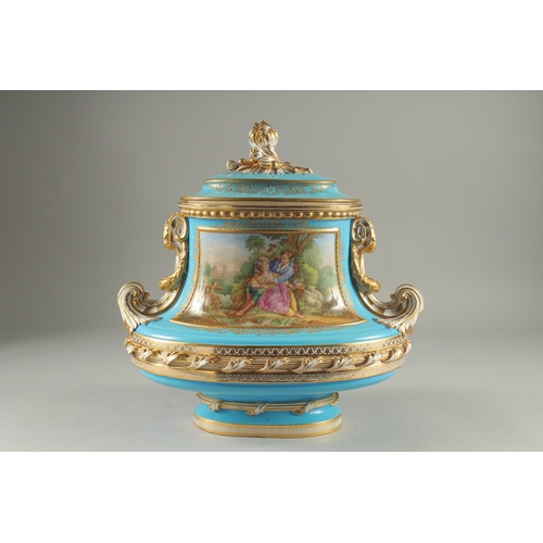 1099 - A SUPERB SEVRES DESIGN OVAL TUREEN AND COVER with pale blue ground edged in gilt, the sides with rev... 