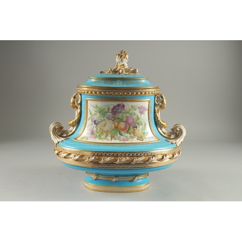 1099 - A SUPERB SEVRES DESIGN OVAL TUREEN AND COVER with pale blue ground edged in gilt, the sides with rev... 