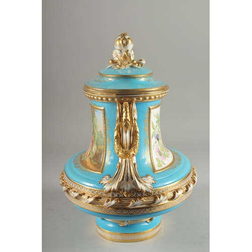 1099 - A SUPERB SEVRES DESIGN OVAL TUREEN AND COVER with pale blue ground edged in gilt, the sides with rev... 