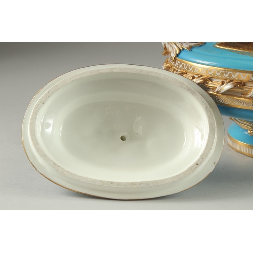 1099 - A SUPERB SEVRES DESIGN OVAL TUREEN AND COVER with pale blue ground edged in gilt, the sides with rev... 