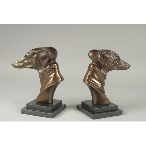 1113 - A PAIR OF BRONZE GREYHOUND HEADS on square marble bases.  7ins high.