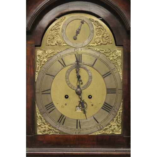 1134 - AN 18TH CENTURY WALNUT LONG CASE CLOCK with eight day movement, the arch brass dial with strike/sile... 