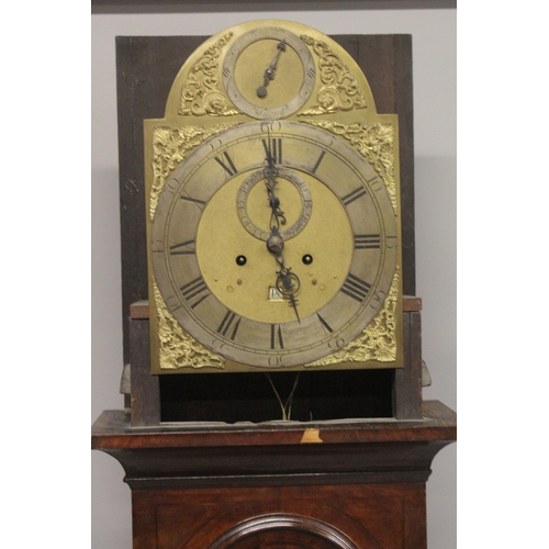 1134 - AN 18TH CENTURY WALNUT LONG CASE CLOCK with eight day movement, the arch brass dial with strike/sile... 