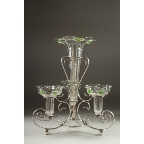 1138 - A GOOD ART NOUVEAU EPERGNE , with a plated stand and four cut glass flower holders. 15ins high.