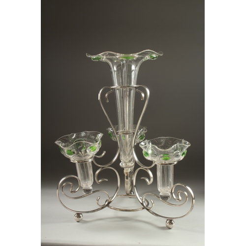 1138 - A GOOD ART NOUVEAU EPERGNE , with a plated stand and four cut glass flower holders. 15ins high.