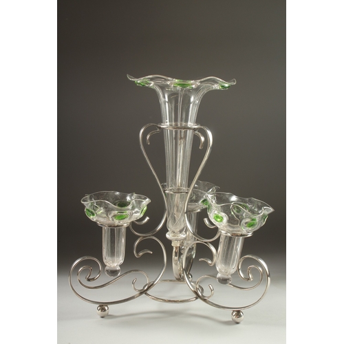 1138 - A GOOD ART NOUVEAU EPERGNE , with a plated stand and four cut glass flower holders. 15ins high.