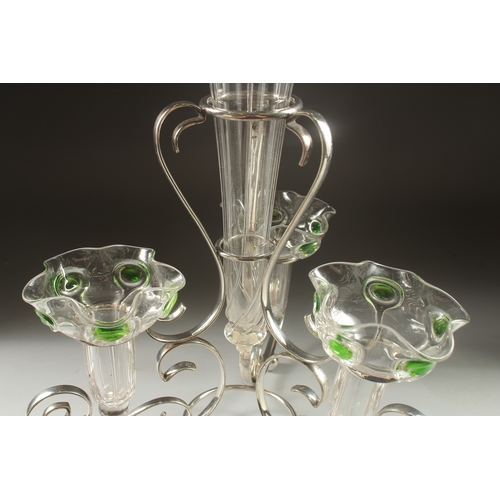 1138 - A GOOD ART NOUVEAU EPERGNE , with a plated stand and four cut glass flower holders. 15ins high.