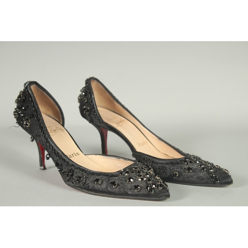 1377 - A PAIR OF CHRISTIAN LEBOUTIN  BLACK BEADED SHOES. Size UK 37.