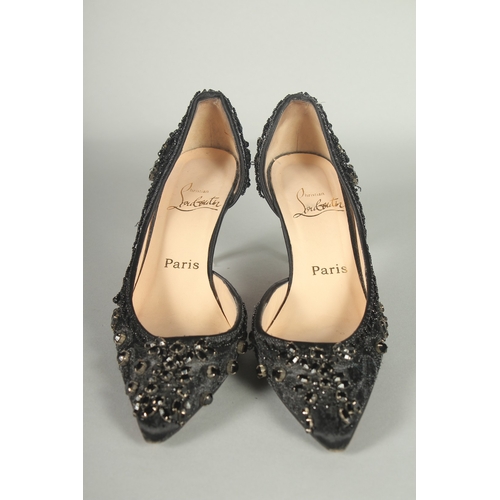 1377 - A PAIR OF CHRISTIAN LEBOUTIN  BLACK BEADED SHOES. Size UK 37.