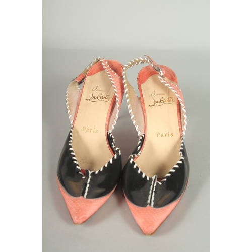 1378 - A PAIR OF CHRISTIAN LEBOUTIN  PINK AND BLACK SHOES. Size UK 37.