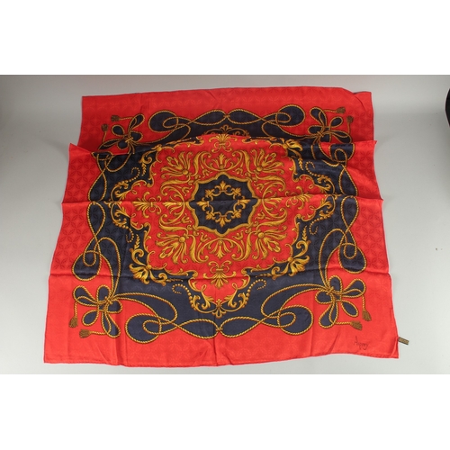 1385 - AN ASPREY  RED AND BLUE SILK SCARF. 33ins x 33ins in an Asprey box.