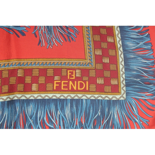 1386 - A FENDI RED AND BLUE ROPE SILK SCARF 33ins x 33ins.