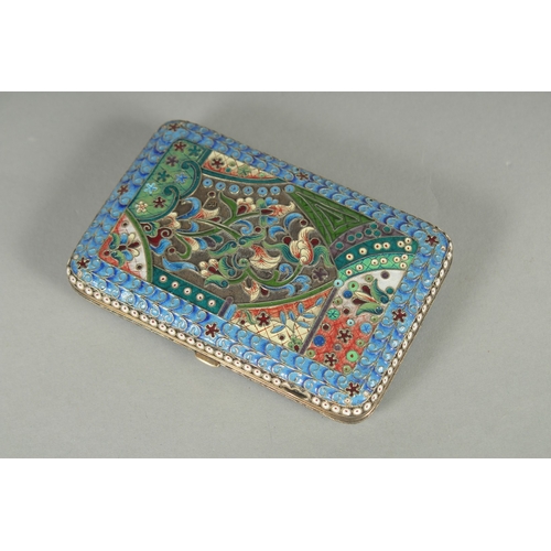 1404 - A RUSSIAN SILVER AND ENAMEL CIGARETTE CASE. 10cm x 6.5cm Weight: 119gms.