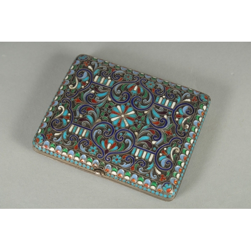 1405 - A RUSSIAN SILVER AND ENAMEL CIGARETTE CASE. 9.5cm x 7.5cm. Mark:  head 87., B.P. Weight:105gms.... 