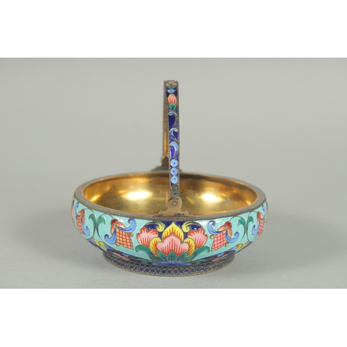 1406 - A RUSSIAN CIRCULAR SILVER AND ENAMEL SUGAR BASKET with swivel handles. 10.5cm diameter, 3.5cm deep. ... 