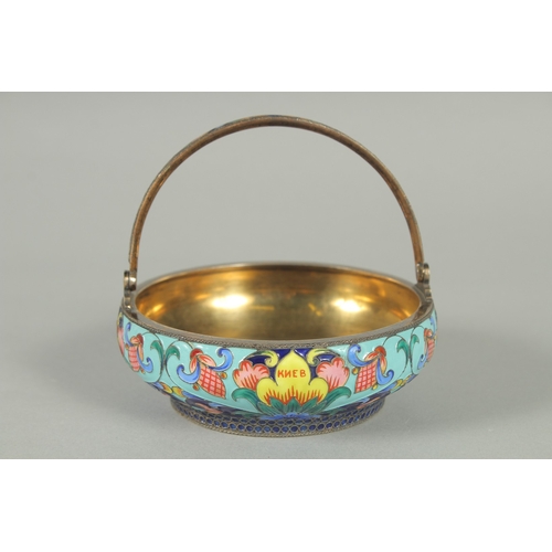 1406 - A RUSSIAN CIRCULAR SILVER AND ENAMEL SUGAR BASKET with swivel handles. 10.5cm diameter, 3.5cm deep. ... 